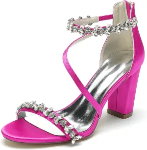 High Heels for Women Sexy Open Toe Rhinestones Chunky Heel Pumps Sandal Wedding Dress Shoes for Bride Bridal Block Heels Heeled Sandals Wide