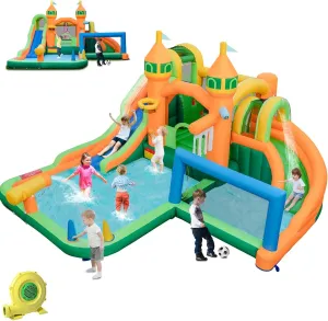 HONEY JOY Inflatable Water Slide, 9 in 1 Waterslide Bounce House Water Park w/Dual Slides, Splash Pool, Climb Wall, Soccer Gate, Water Slides Inflatables for Kids and Adults Backyard(With 735w Blower)