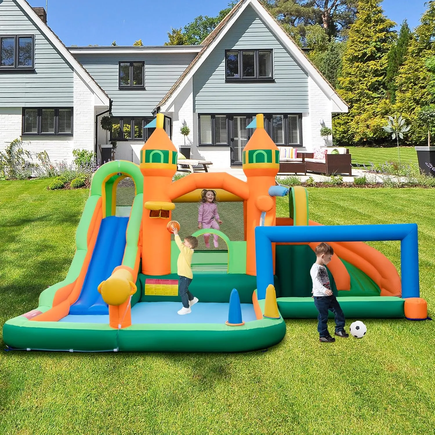 HONEY JOY Inflatable Water Slide, 9 in 1 Waterslide Bounce House Water Park w/Dual Slides, Splash Pool, Climb Wall, Soccer Gate, Water Slides Inflatables for Kids and Adults Backyard(With 735w Blower)