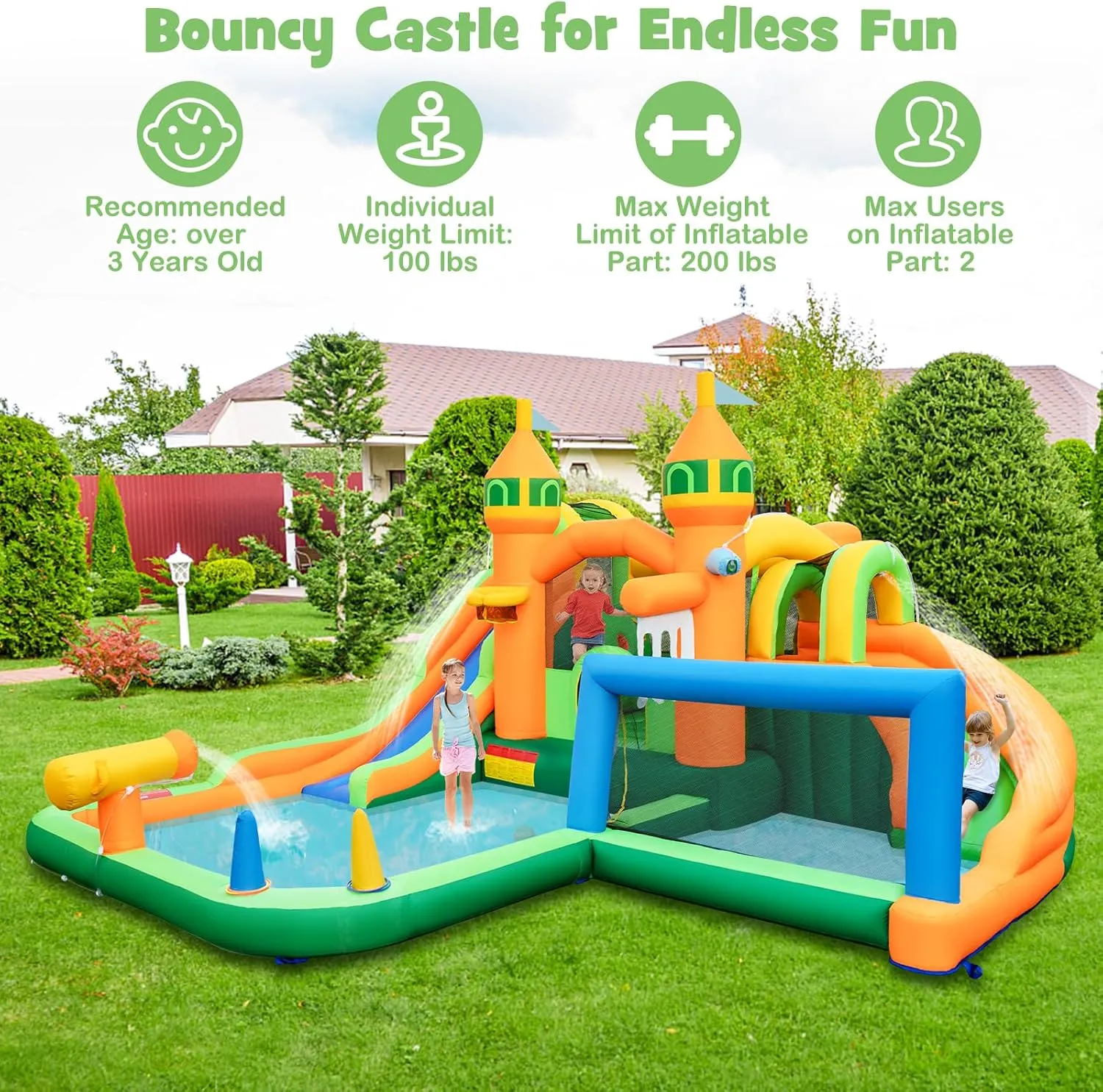 HONEY JOY Inflatable Water Slide, 9 in 1 Waterslide Bounce House Water Park w/Dual Slides, Splash Pool, Climb Wall, Soccer Gate, Water Slides Inflatables for Kids and Adults Backyard(With 735w Blower)