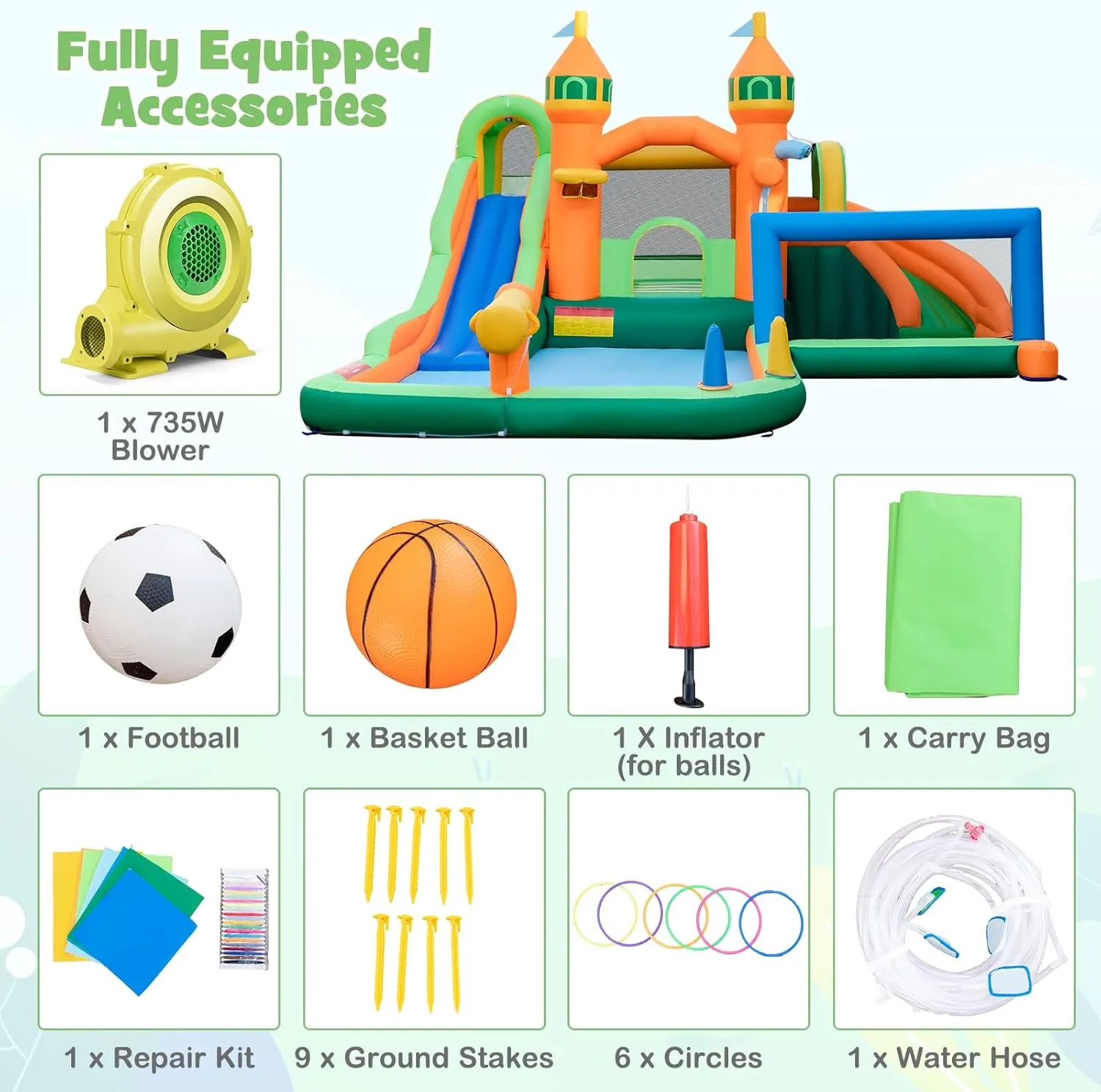 HONEY JOY Inflatable Water Slide, 9 in 1 Waterslide Bounce House Water Park w/Dual Slides, Splash Pool, Climb Wall, Soccer Gate, Water Slides Inflatables for Kids and Adults Backyard(With 735w Blower)