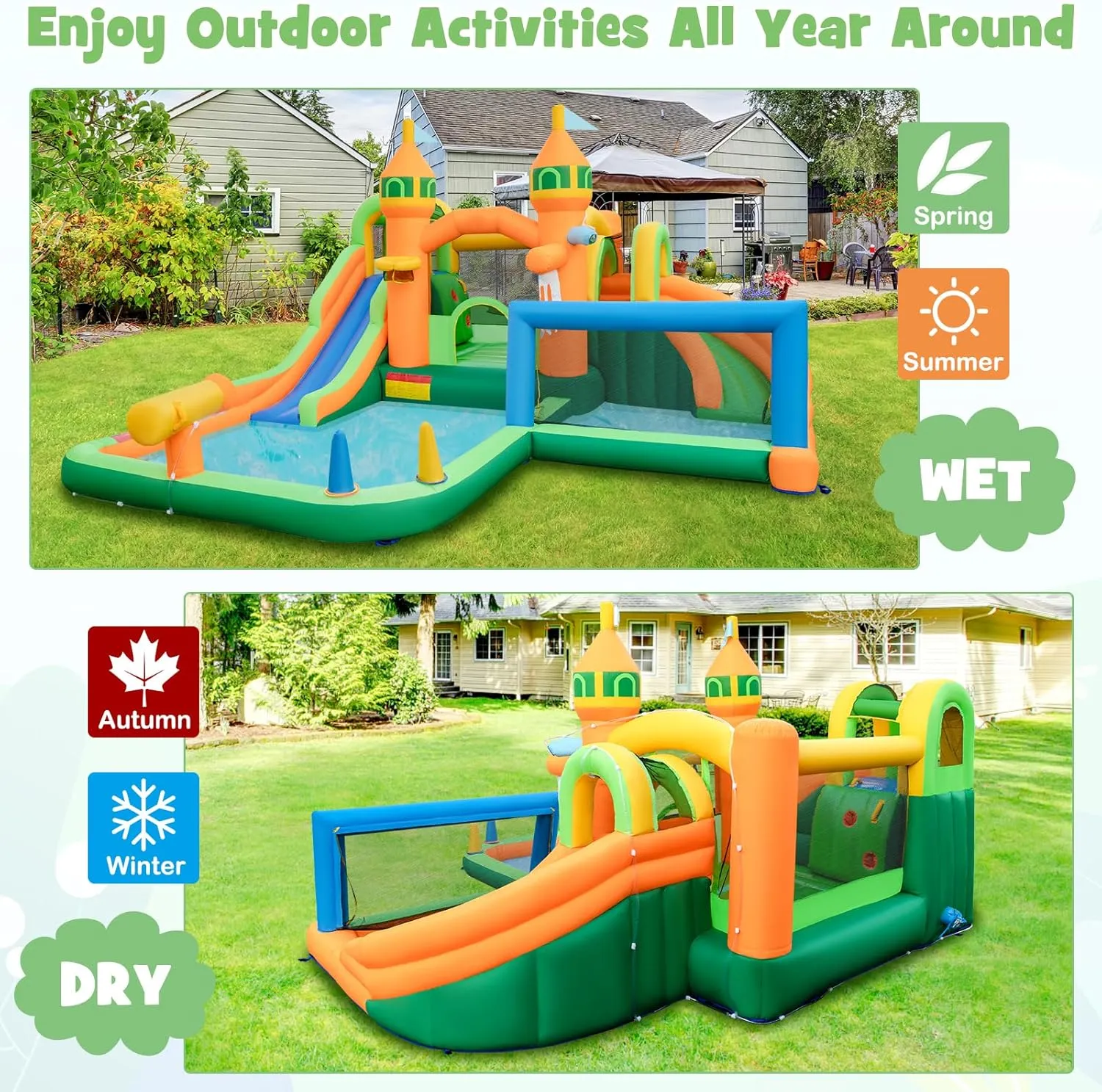 HONEY JOY Inflatable Water Slide, 9 in 1 Waterslide Bounce House Water Park w/Dual Slides, Splash Pool, Climb Wall, Soccer Gate, Water Slides Inflatables for Kids and Adults Backyard(With 735w Blower)