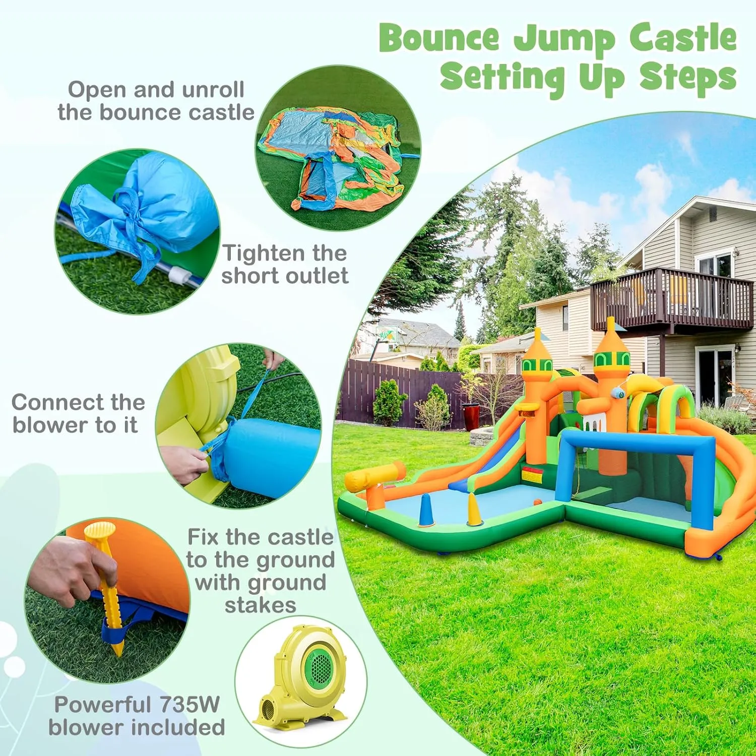 HONEY JOY Inflatable Water Slide, 9 in 1 Waterslide Bounce House Water Park w/Dual Slides, Splash Pool, Climb Wall, Soccer Gate, Water Slides Inflatables for Kids and Adults Backyard(With 735w Blower)