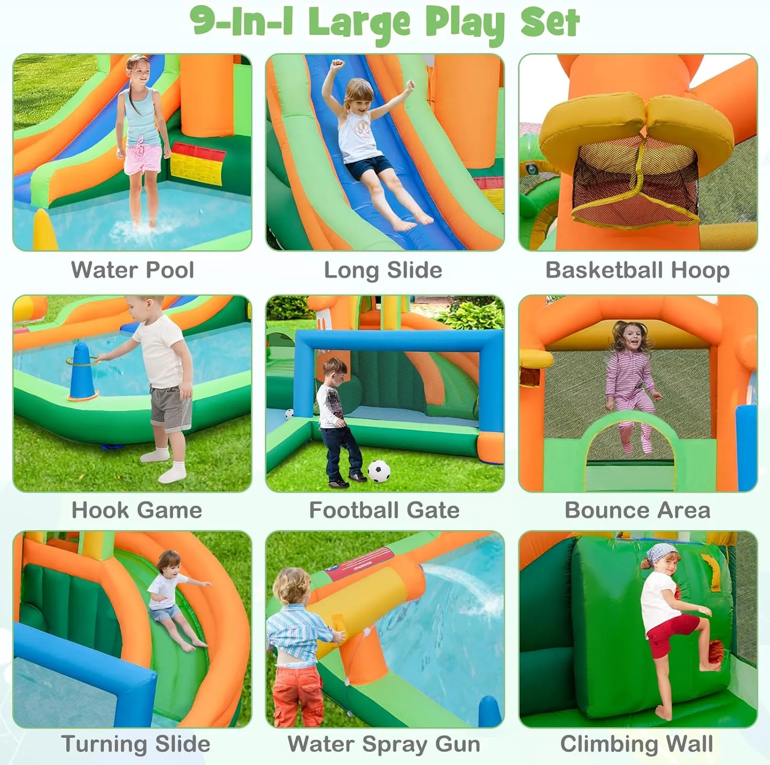 HONEY JOY Inflatable Water Slide, 9 in 1 Waterslide Bounce House Water Park w/Dual Slides, Splash Pool, Climb Wall, Soccer Gate, Water Slides Inflatables for Kids and Adults Backyard(With 735w Blower)