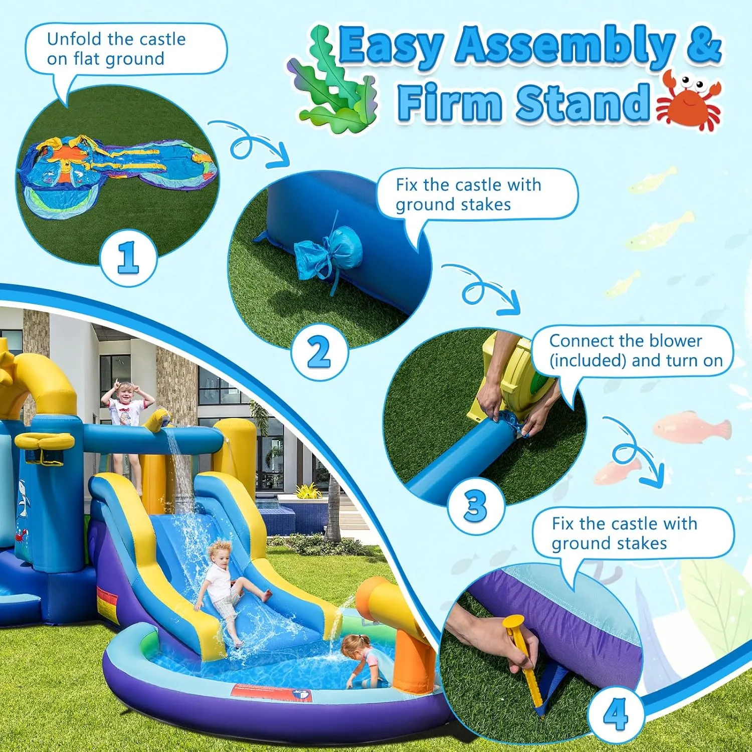 HONEY JOY Inflatable Water Slide with 735w Blower, Ocean Themed Bounce House Water Park with Ball & Splash Pool, Indoor Outdoor Bouncy Castle Waterslides Inflatables for Kids Boys Girls