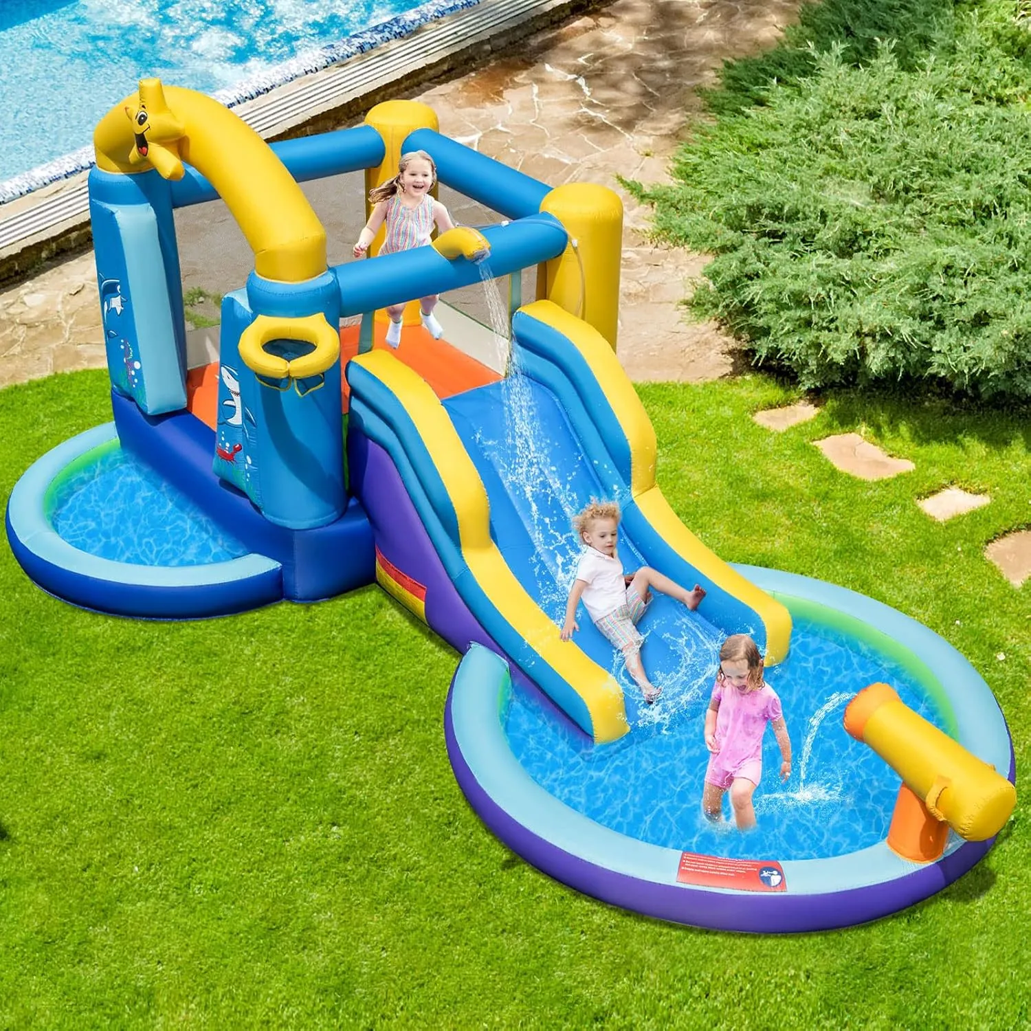 HONEY JOY Inflatable Water Slide with 735w Blower, Ocean Themed Bounce House Water Park with Ball & Splash Pool, Indoor Outdoor Bouncy Castle Waterslides Inflatables for Kids Boys Girls