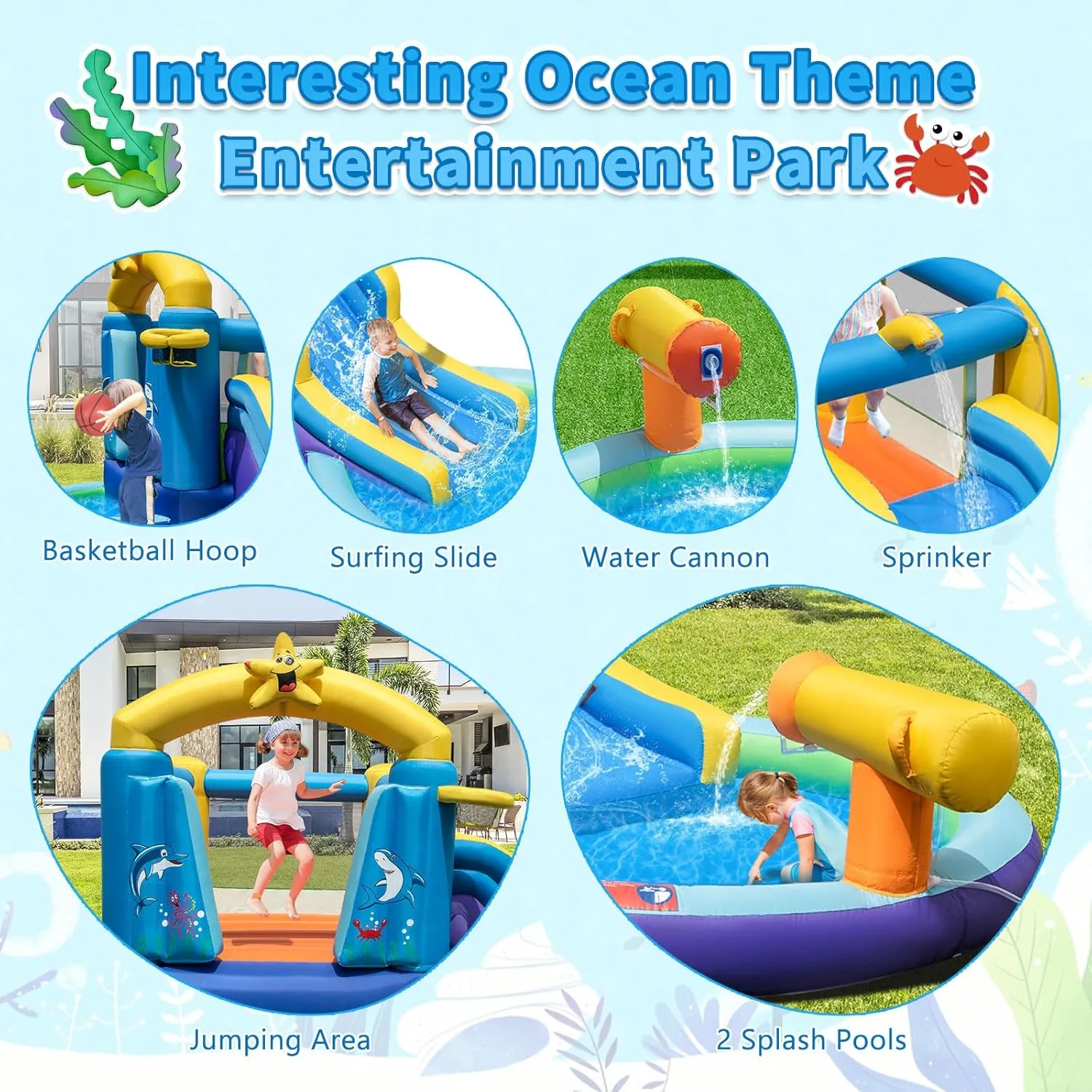 HONEY JOY Inflatable Water Slide with 735w Blower, Ocean Themed Bounce House Water Park with Ball & Splash Pool, Indoor Outdoor Bouncy Castle Waterslides Inflatables for Kids Boys Girls