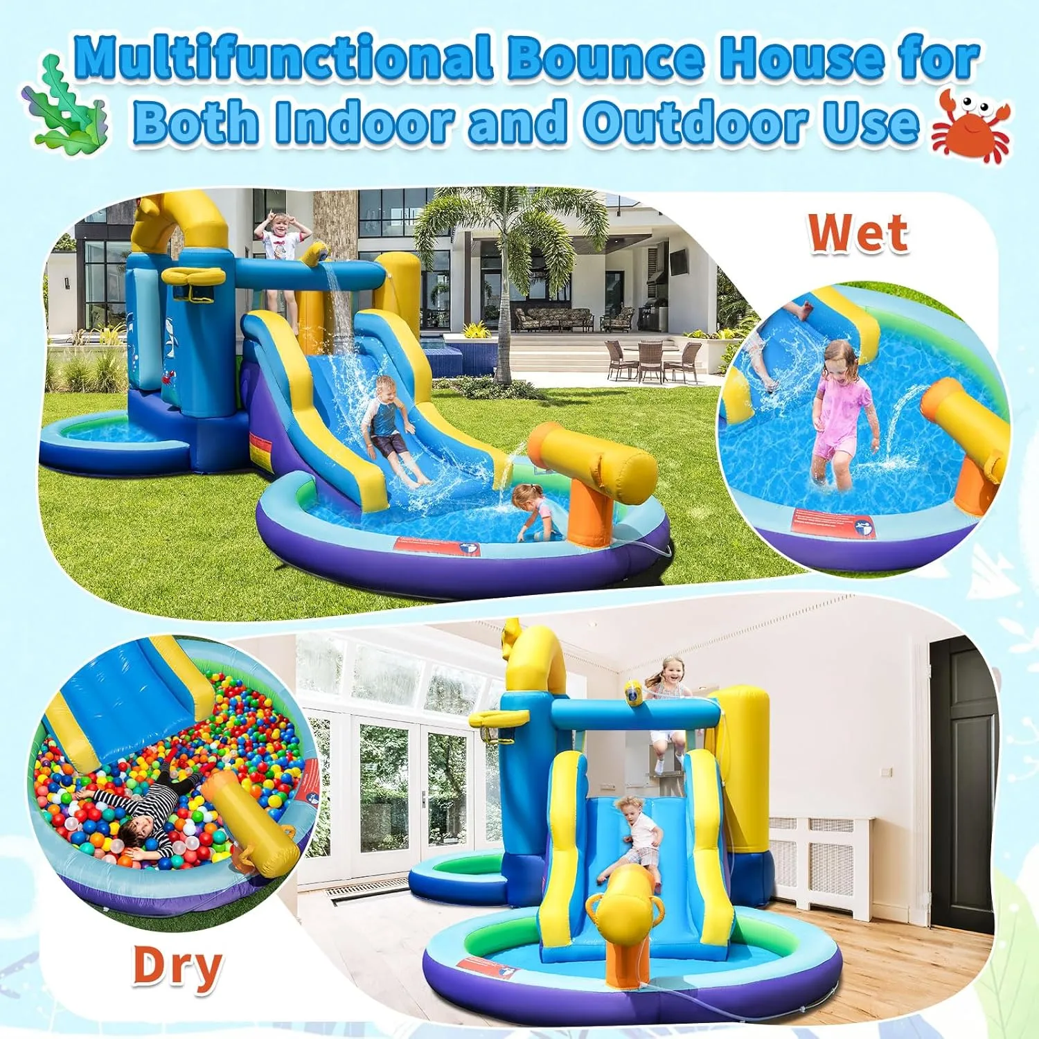 HONEY JOY Inflatable Water Slide with 735w Blower, Ocean Themed Bounce House Water Park with Ball & Splash Pool, Indoor Outdoor Bouncy Castle Waterslides Inflatables for Kids Boys Girls