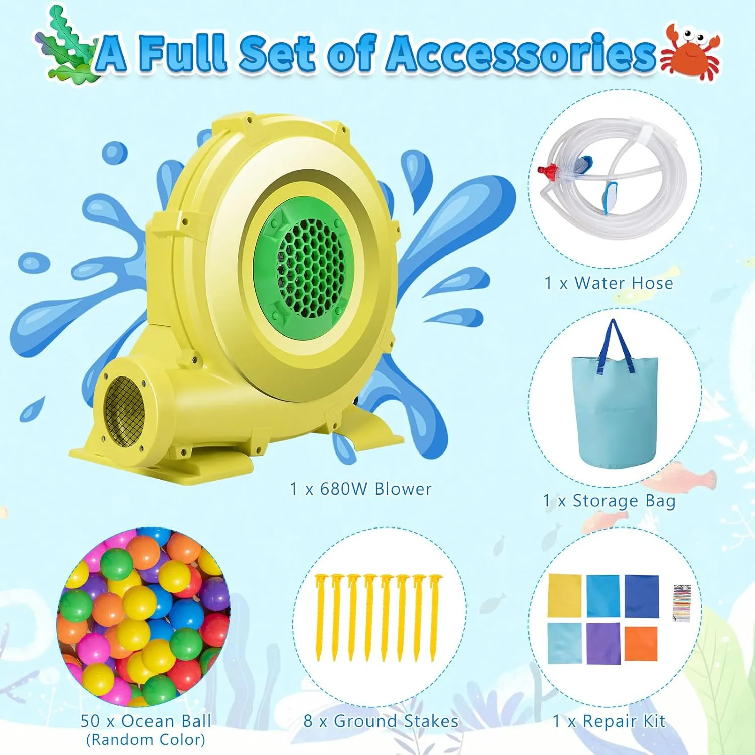 HONEY JOY Inflatable Water Slide with 735w Blower, Ocean Themed Bounce House Water Park with Ball & Splash Pool, Indoor Outdoor Bouncy Castle Waterslides Inflatables for Kids Boys Girls