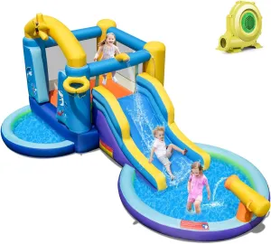 HONEY JOY Inflatable Water Slide with 735w Blower, Ocean Themed Bounce House Water Park with Ball & Splash Pool, Indoor Outdoor Bouncy Castle Waterslides Inflatables for Kids Boys Girls