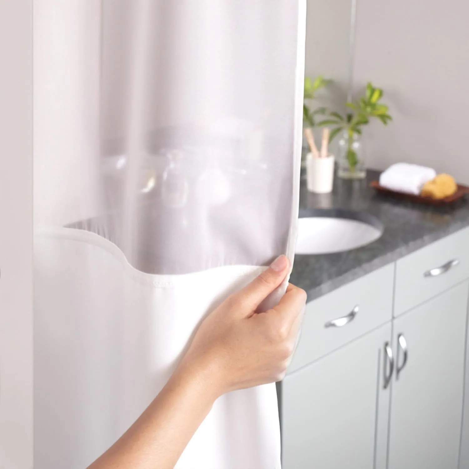 Hookless It’s A Snap! Waffle Shower Curtain, 3-in-1 Shower Curtain Includes Fabric Shower Curtain with Sheer Top Window, Flex-On Rings & Fabric Liner, 54” x 80”, Misty Blue