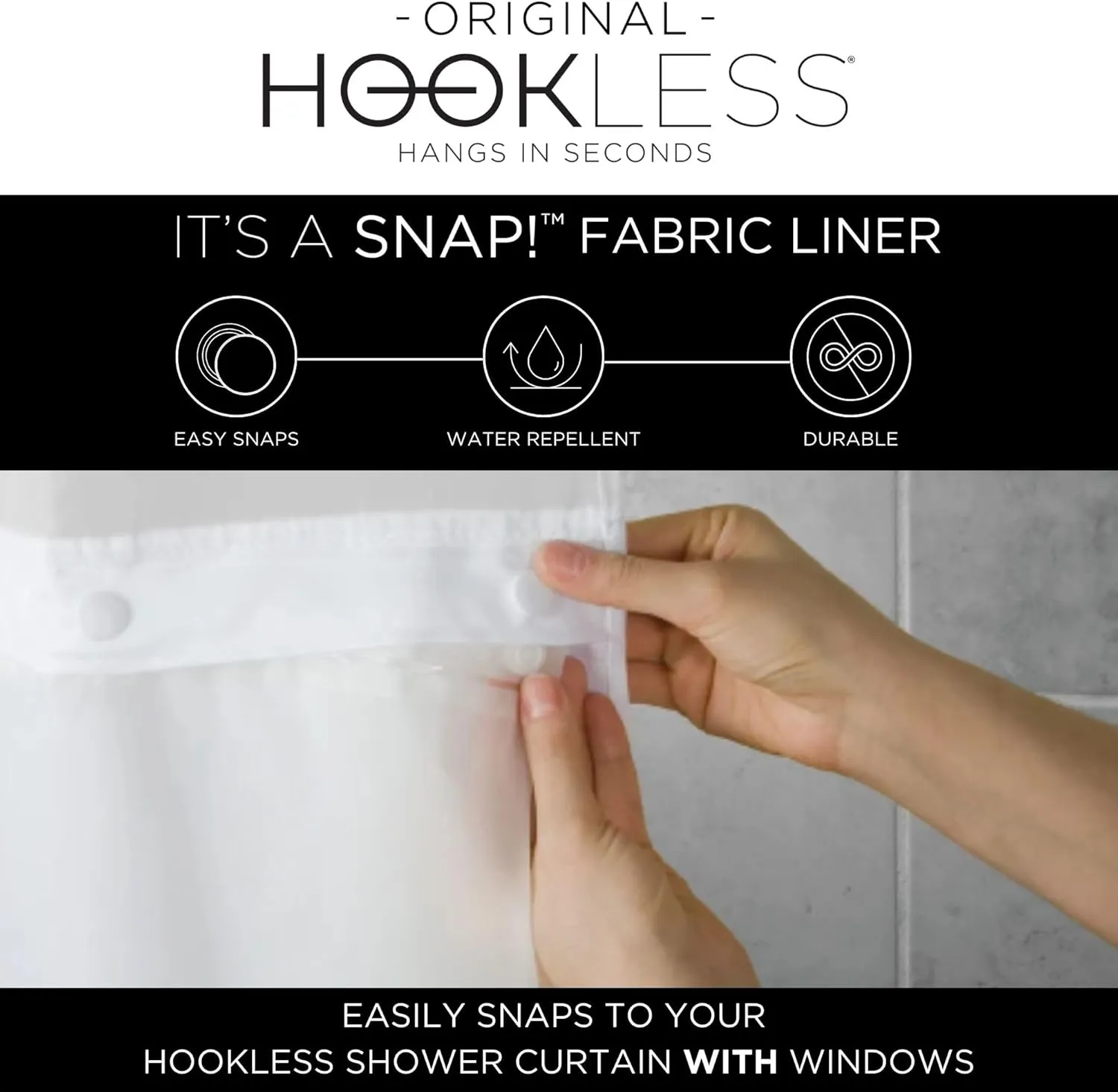 Hookless It’s A Snap! Waffle Shower Curtain, 3-in-1 Shower Curtain Includes Fabric Shower Curtain with Sheer Top Window, Flex-On Rings & Fabric Liner, 54” x 80”, Misty Blue