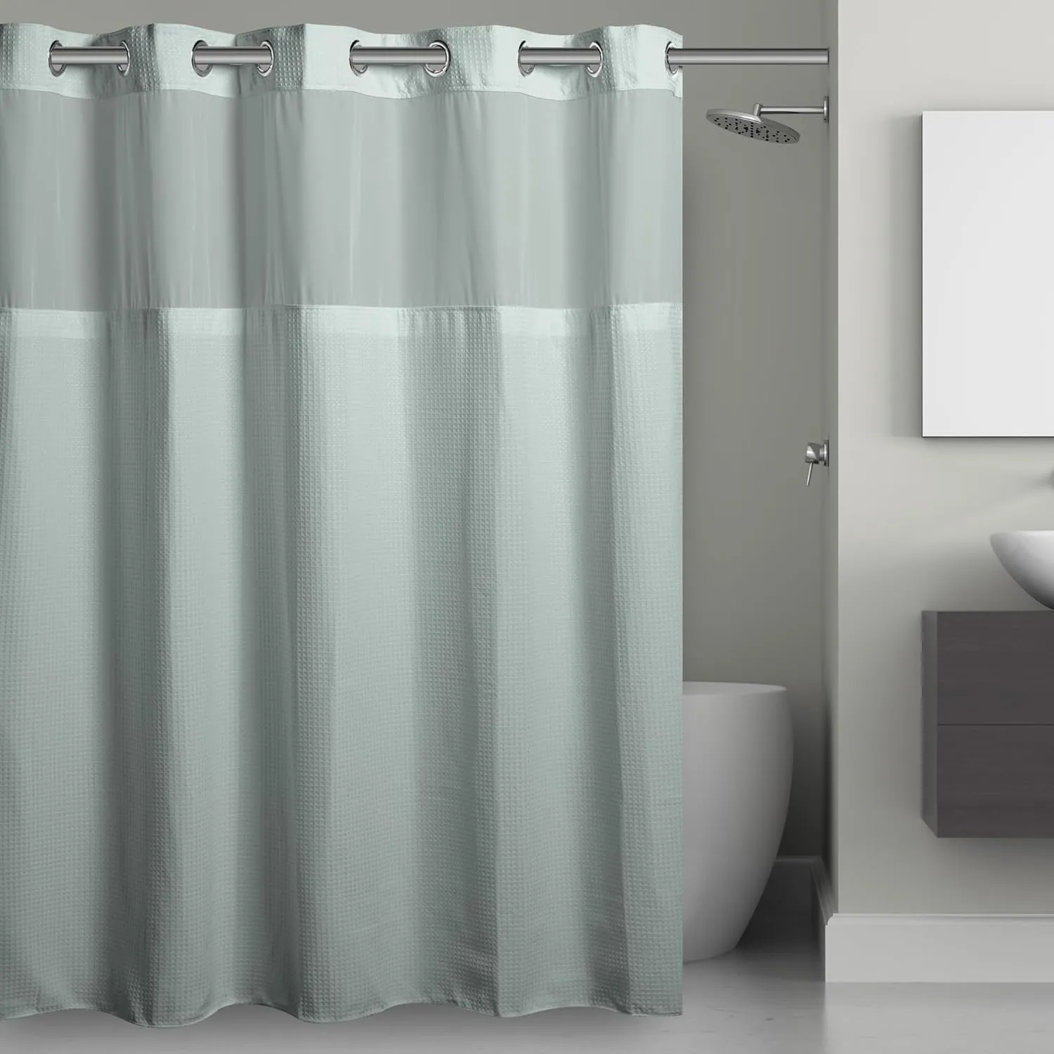 Hookless It’s A Snap! Waffle Shower Curtain, 3-in-1 Shower Curtain Includes Fabric Shower Curtain with Sheer Top Window, Flex-On Rings & Fabric Liner, 54” x 80”, Misty Blue