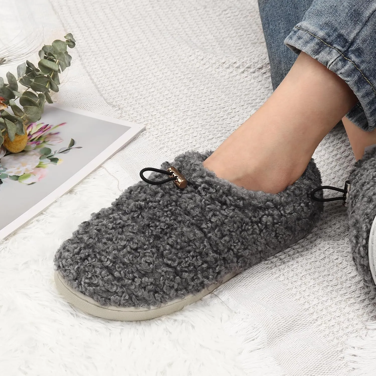 Ibeauti Womens Slippers Memory Foam Fuzzy Loafer Slippers for Indoor Outdoor House Shoes with Drawstring