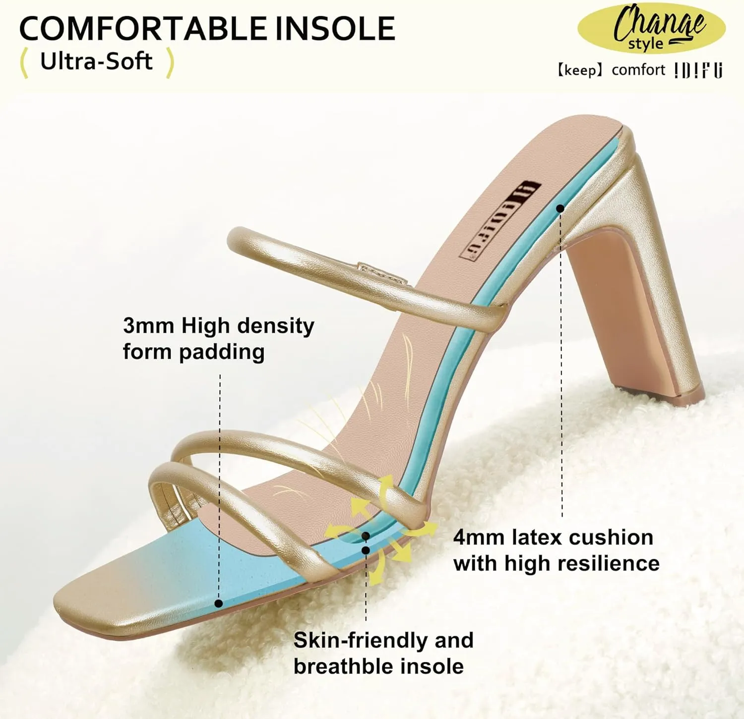 IDIFU IN3 High Heels Strappy Chunky Block Heels Square Toe Three Strap Slip On Heels Comfortable Slides Heeled Sandals Sexy Wedding Party Dress Shoes Open Toe Mules Heels for Women