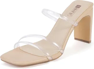 IDIFU IN3 High Heels Strappy Chunky Block Heels Square Toe Three Strap Slip On Heels Comfortable Slides Heeled Sandals Sexy Wedding Party Dress Shoes Open Toe Mules Heels for Women