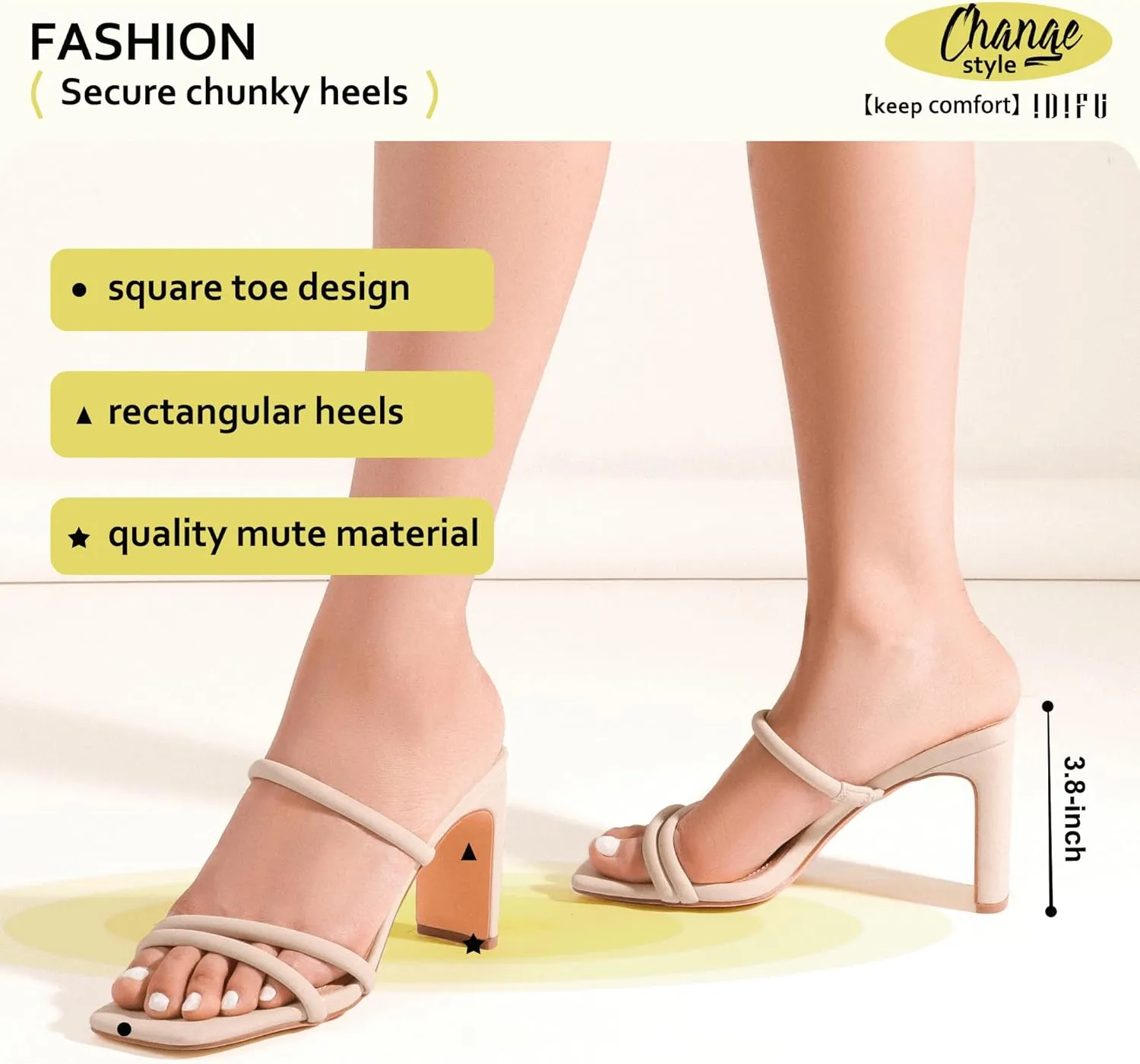 IDIFU IN3 High Heels Strappy Chunky Block Heels Square Toe Three Strap Slip On Heels Comfortable Slides Heeled Sandals Sexy Wedding Party Dress Shoes Open Toe Mules Heels for Women