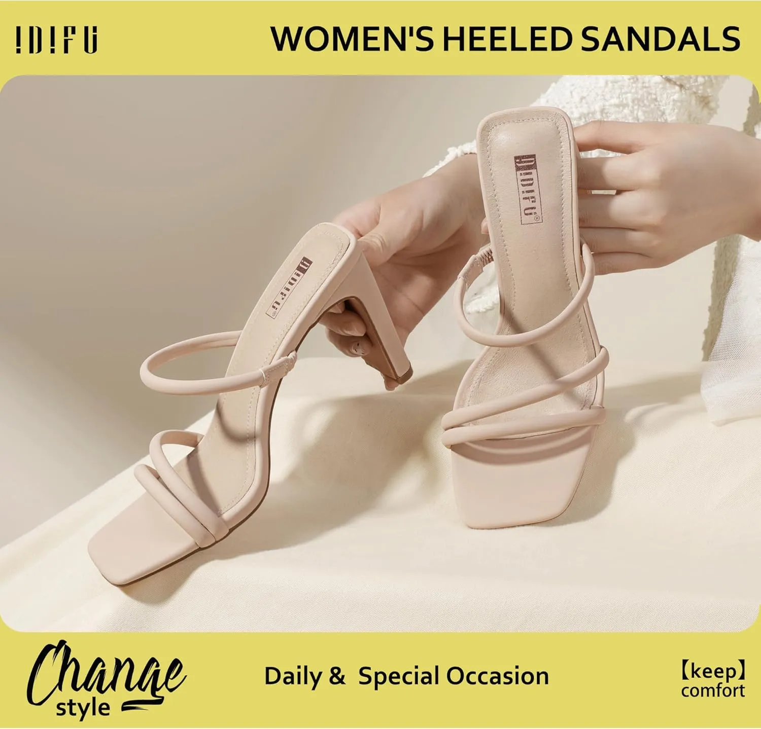 IDIFU IN3 High Heels Strappy Chunky Block Heels Square Toe Three Strap Slip On Heels Comfortable Slides Heeled Sandals Sexy Wedding Party Dress Shoes Open Toe Mules Heels for Women