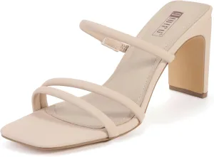 IDIFU IN3 High Heels Strappy Chunky Block Heels Square Toe Three Strap Slip On Heels Comfortable Slides Heeled Sandals Sexy Wedding Party Dress Shoes Open Toe Mules Heels for Women
