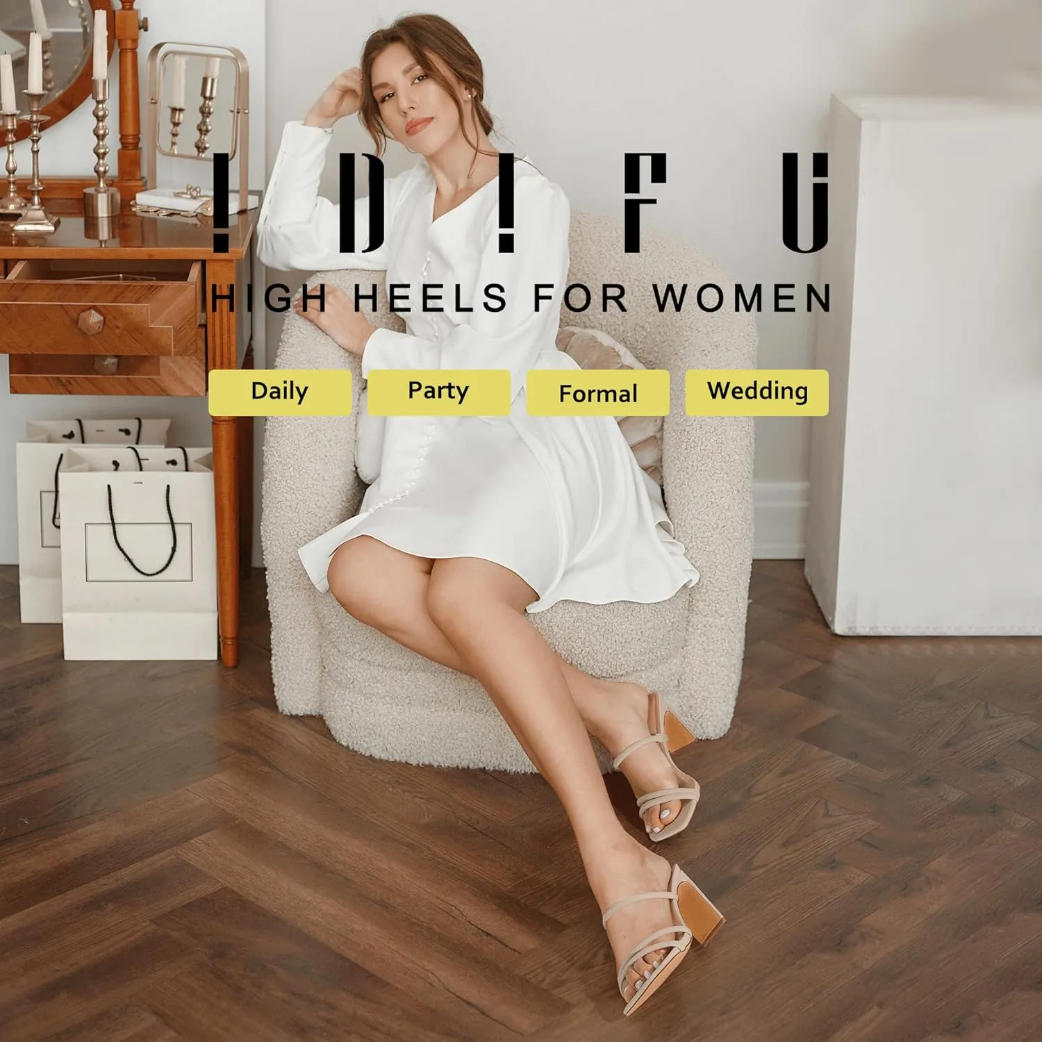IDIFU IN3 High Heels Strappy Chunky Block Heels Square Toe Three Strap Slip On Heels Comfortable Slides Heeled Sandals Sexy Wedding Party Dress Shoes Open Toe Mules Heels for Women