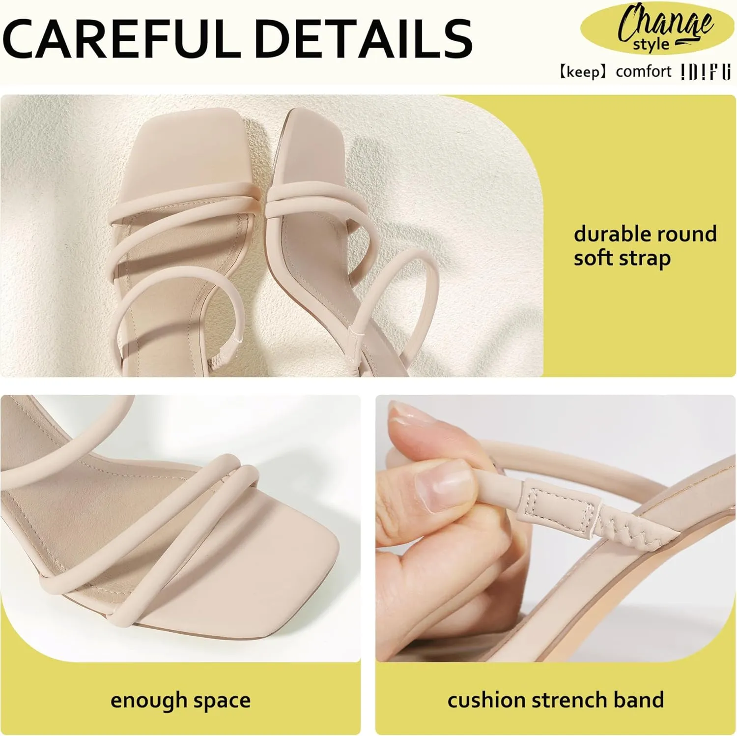 IDIFU IN3 High Heels Strappy Chunky Block Heels Square Toe Three Strap Slip On Heels Comfortable Slides Heeled Sandals Sexy Wedding Party Dress Shoes Open Toe Mules Heels for Women