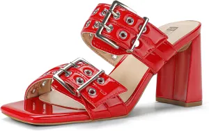 IDIFU IN3 Square Open Toe Heels Double Buckle Slip On Chunky Low Block Short Heel Sandals for Women Summer Trendy Comfortable Fashion Party Prom Dress Shoes Eyelets Belt Strap Slide Mule Heels