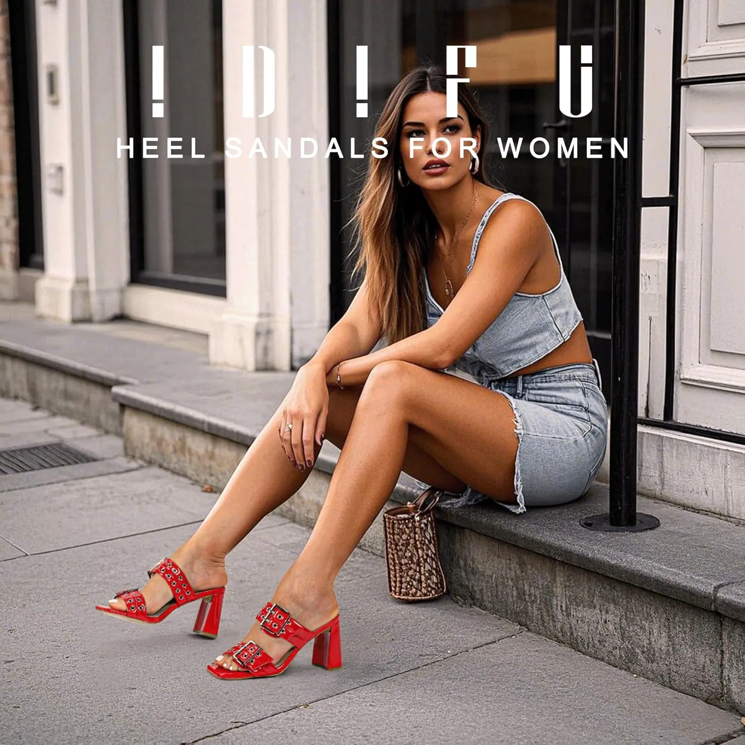 IDIFU IN3 Square Open Toe Heels Double Buckle Slip On Chunky Low Block Short Heel Sandals for Women Summer Trendy Comfortable Fashion Party Prom Dress Shoes Eyelets Belt Strap Slide Mule Heels