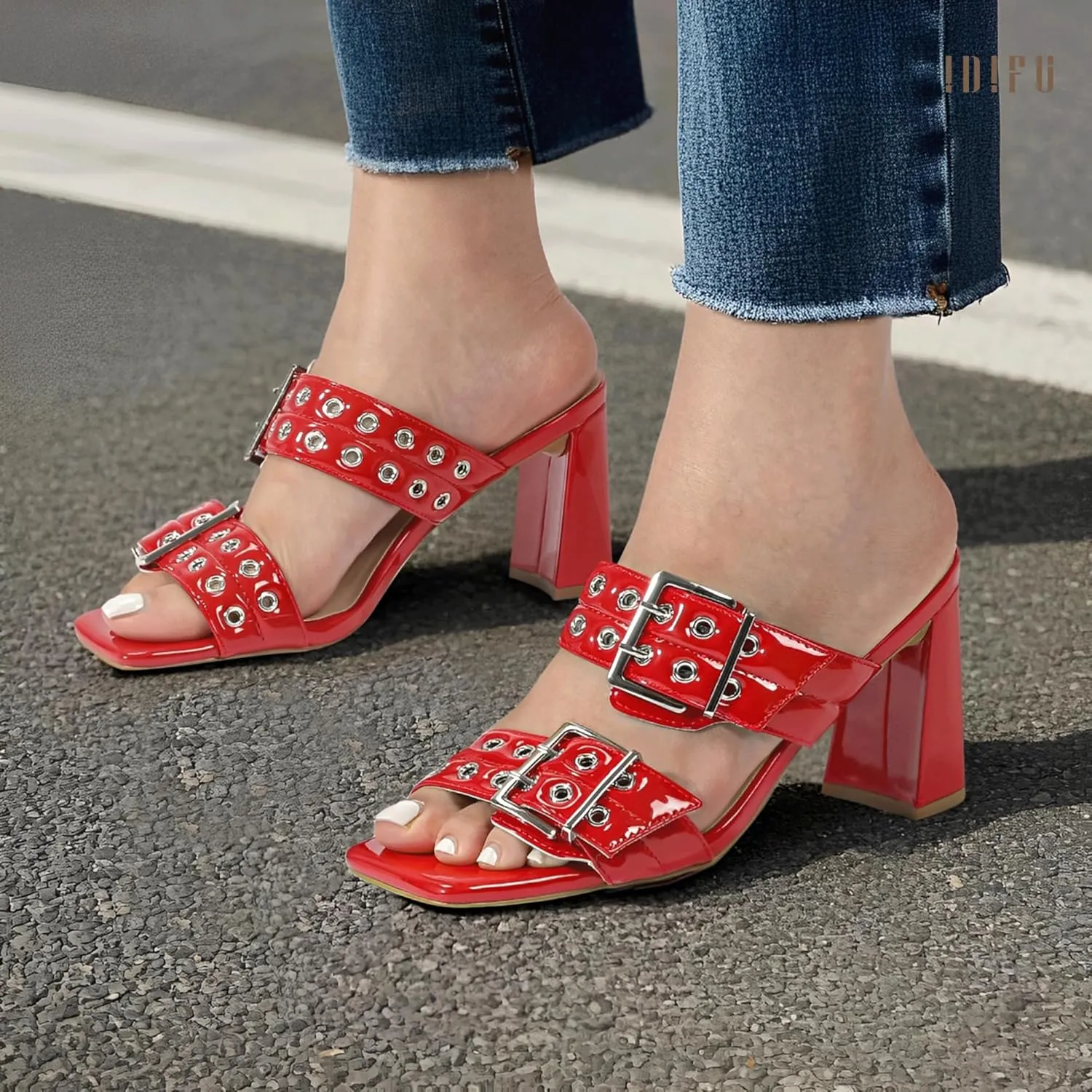 IDIFU IN3 Square Open Toe Heels Double Buckle Slip On Chunky Low Block Short Heel Sandals for Women Summer Trendy Comfortable Fashion Party Prom Dress Shoes Eyelets Belt Strap Slide Mule Heels