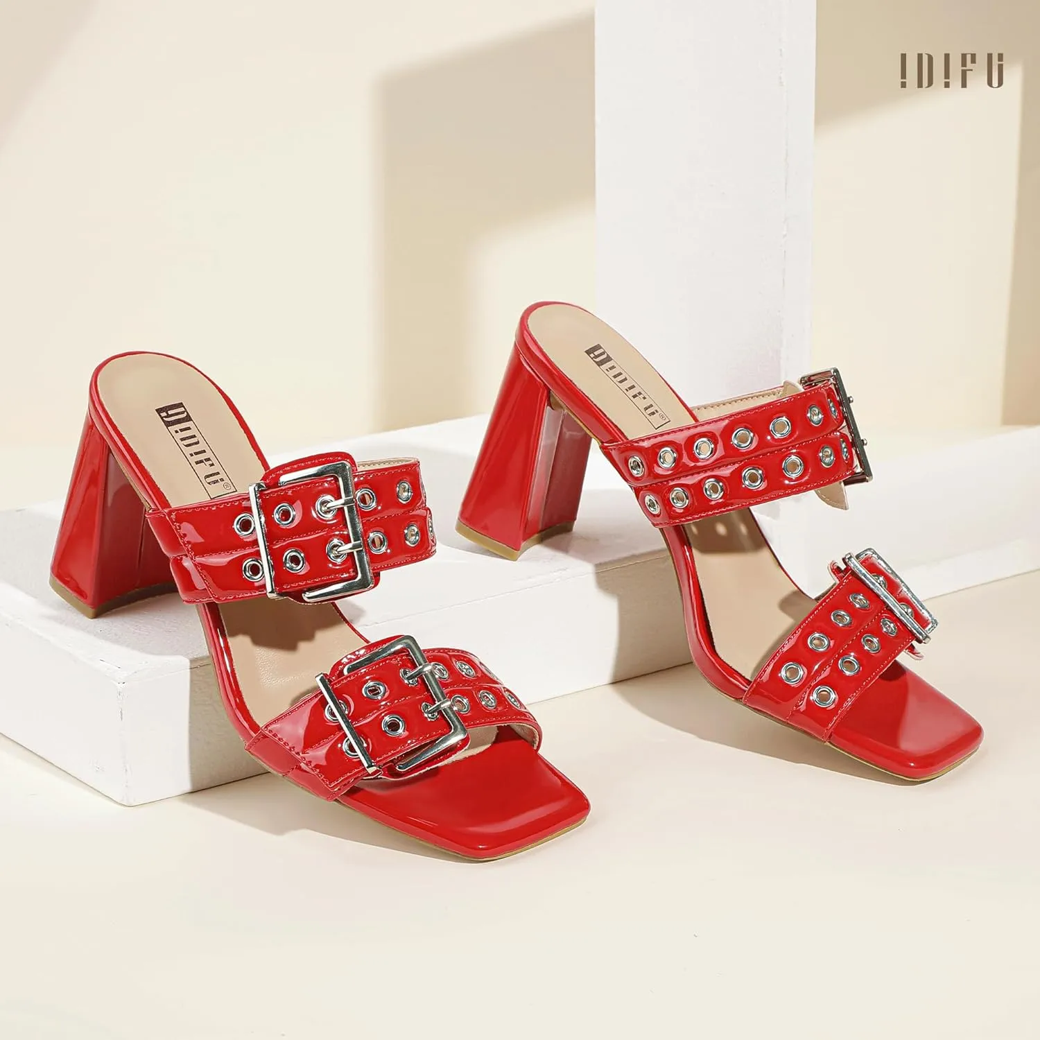 IDIFU IN3 Square Open Toe Heels Double Buckle Slip On Chunky Low Block Short Heel Sandals for Women Summer Trendy Comfortable Fashion Party Prom Dress Shoes Eyelets Belt Strap Slide Mule Heels