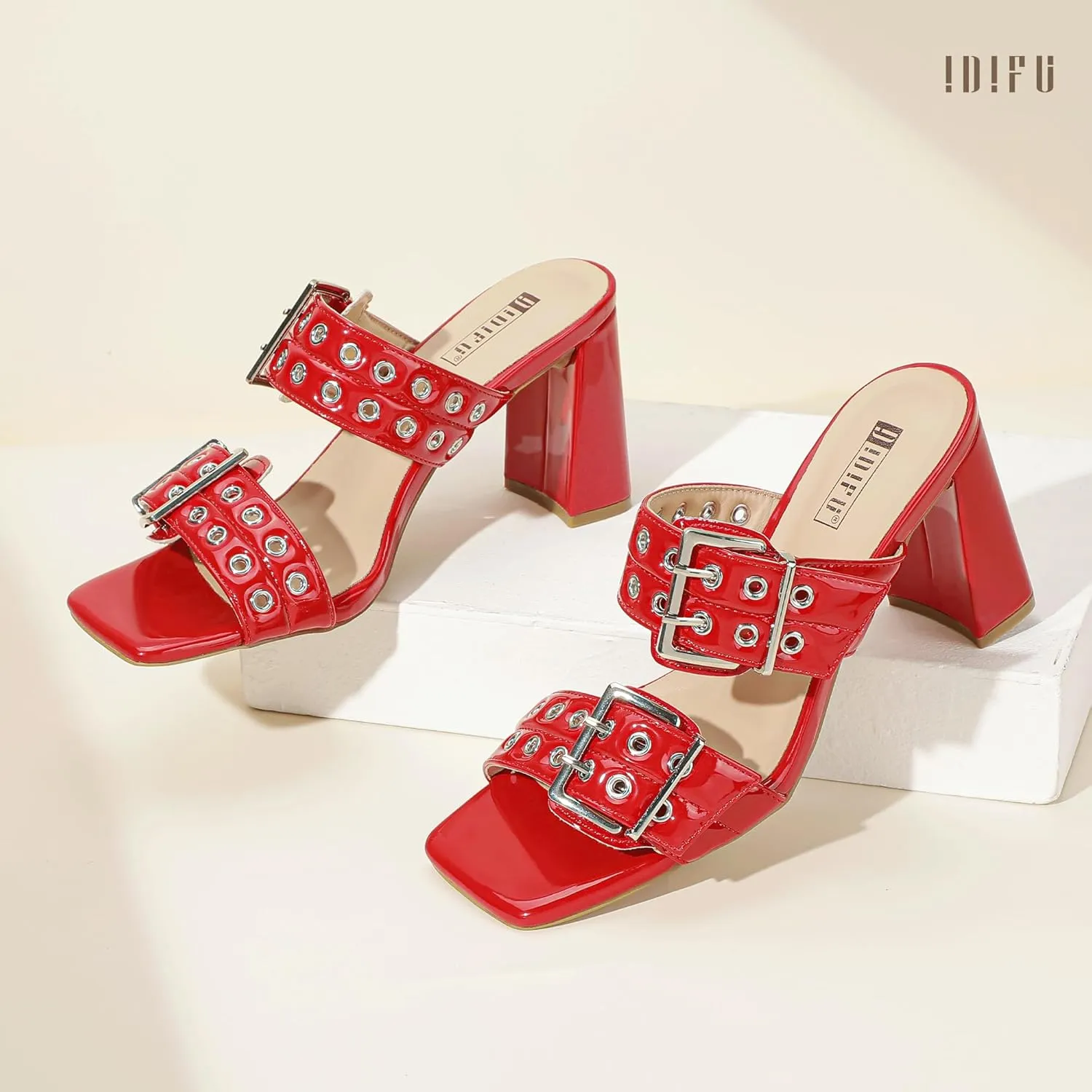 IDIFU IN3 Square Open Toe Heels Double Buckle Slip On Chunky Low Block Short Heel Sandals for Women Summer Trendy Comfortable Fashion Party Prom Dress Shoes Eyelets Belt Strap Slide Mule Heels