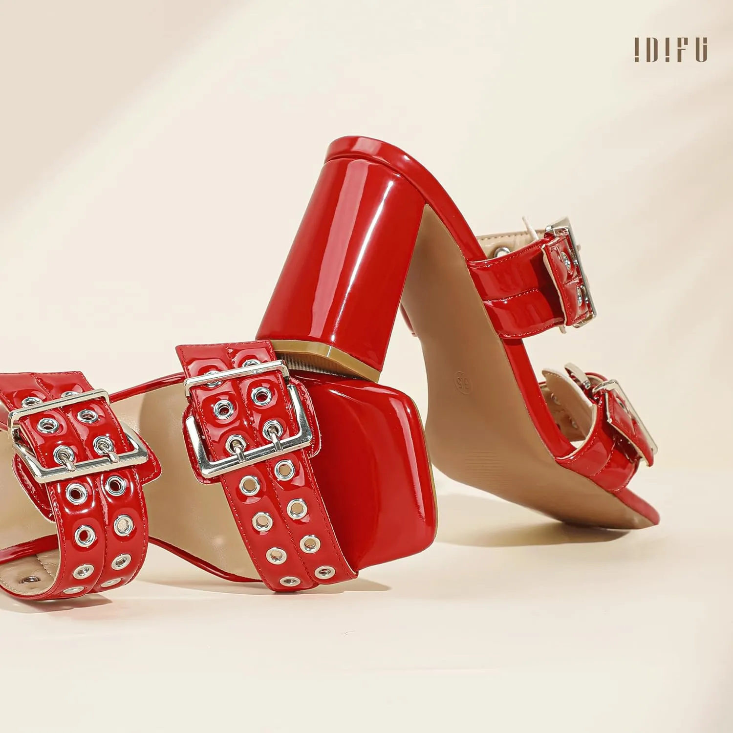 IDIFU IN3 Square Open Toe Heels Double Buckle Slip On Chunky Low Block Short Heel Sandals for Women Summer Trendy Comfortable Fashion Party Prom Dress Shoes Eyelets Belt Strap Slide Mule Heels