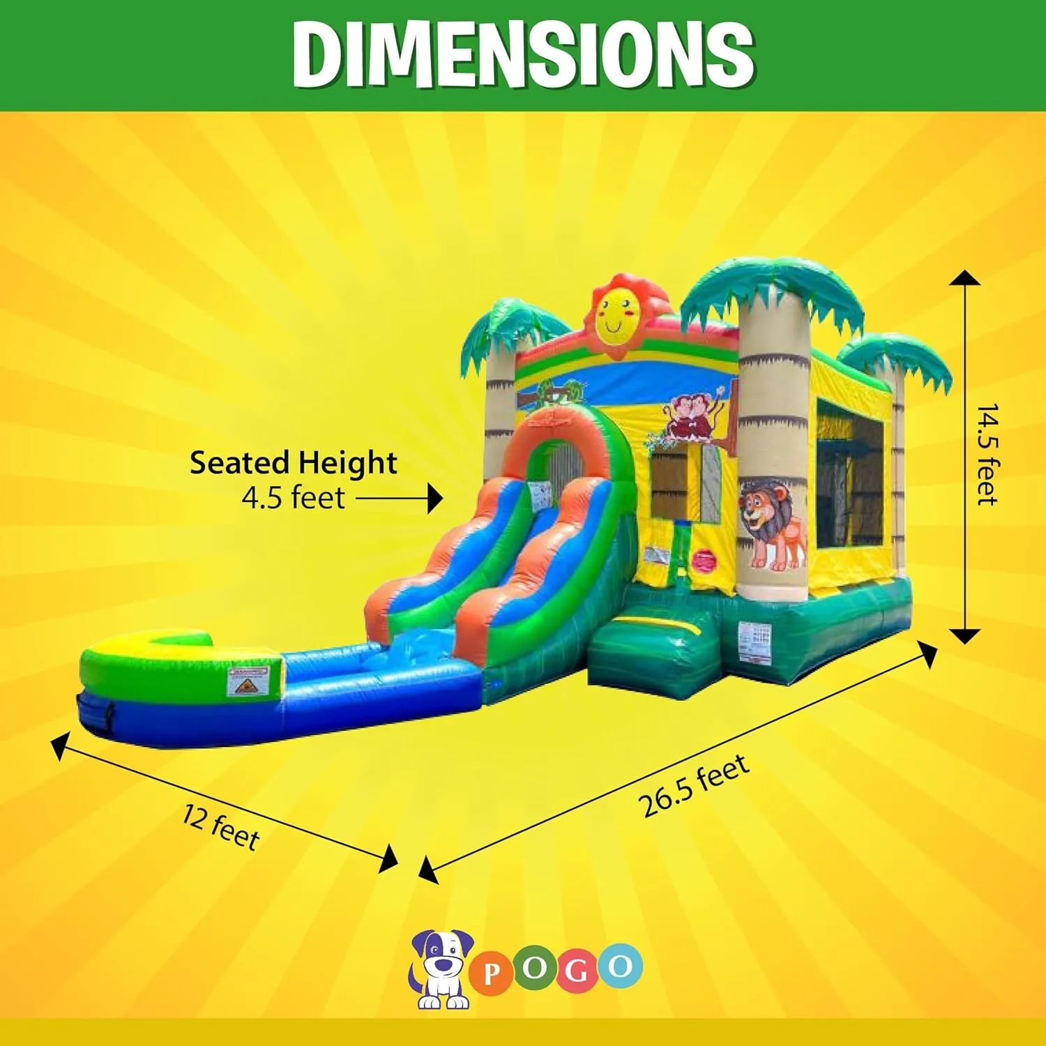 Inflatable Bounce House with Slide for Kids - 26.5 x 12 x 14.5 Foot Backyard Tropical Smiley Castle Combo Bouncer with Water Pool, Outdoor Toys and Jumpers - Includes Blower, Stakes, and Storage Bag
