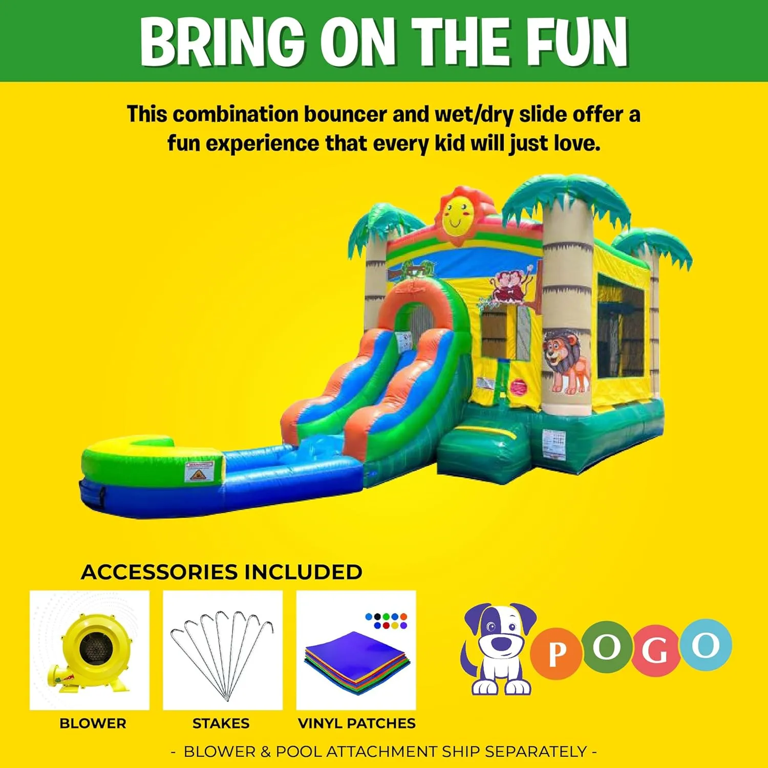Inflatable Bounce House with Slide for Kids - 26.5 x 12 x 14.5 Foot Backyard Tropical Smiley Castle Combo Bouncer with Water Pool, Outdoor Toys and Jumpers - Includes Blower, Stakes, and Storage Bag