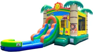 Inflatable Bounce House with Slide for Kids - 26.5 x 12 x 14.5 Foot Backyard Tropical Smiley Castle Combo Bouncer with Water Pool, Outdoor Toys and Jumpers - Includes Blower, Stakes, and Storage Bag