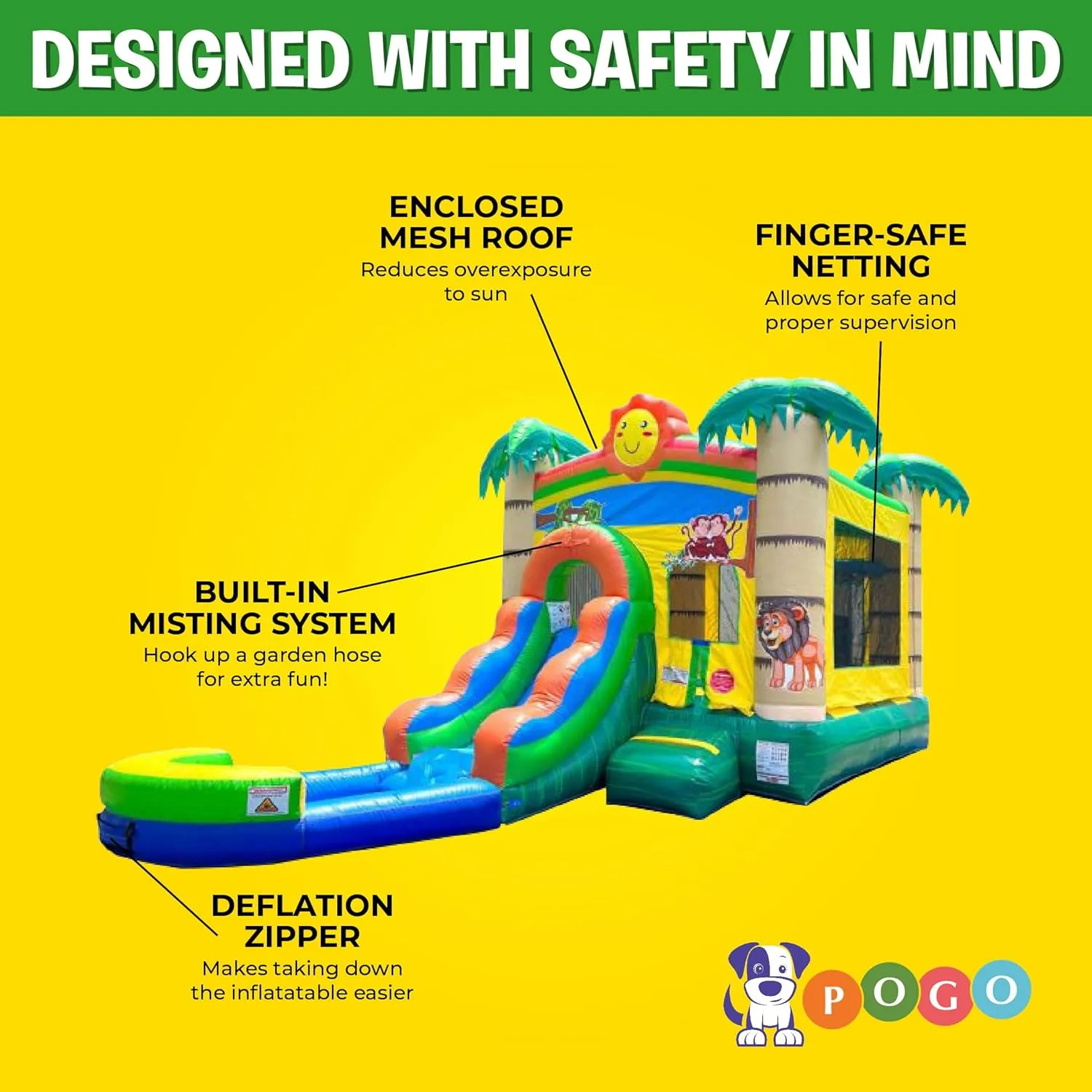 Inflatable Bounce House with Slide for Kids - 26.5 x 12 x 14.5 Foot Backyard Tropical Smiley Castle Combo Bouncer with Water Pool, Outdoor Toys and Jumpers - Includes Blower, Stakes, and Storage Bag