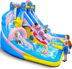 Inflatable Water Slide: 6 in 1 Bounce House Water Park for Kids - Climbing Wall Splash Pool 2 Water Cannon 2 Slide Basketball Rim - 550W Blower - for Outdoor Backyard Birthday Party