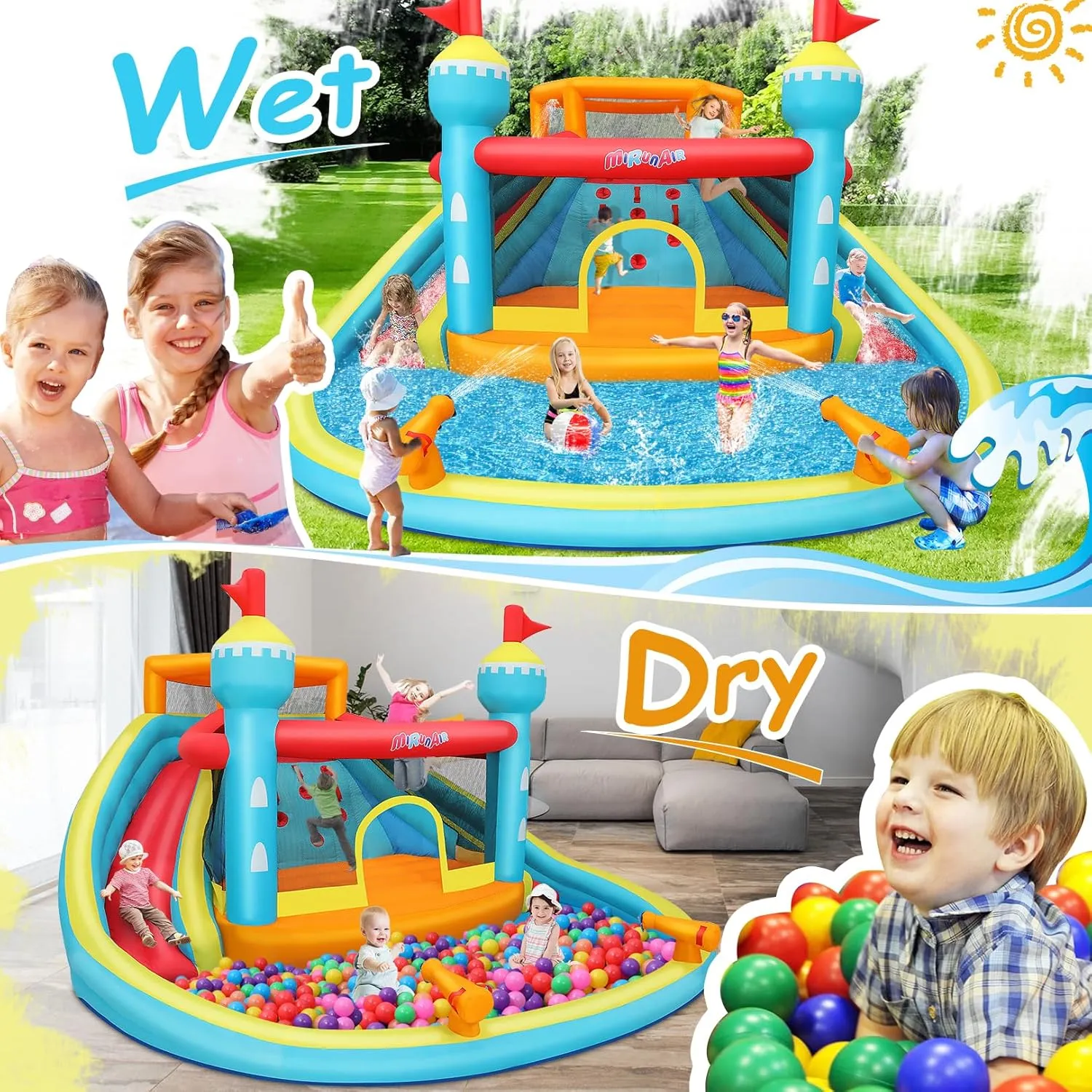 Inflatable Water Slide Bounce House for Kids 3-12, 9 in 1 Inflatable Water Park with Blower, Jump Area, Pool, Water Cannon, Climbing Wall, Blow Up Water Slides for Backyard Outdoor Party Gift