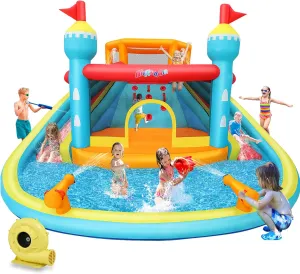Inflatable Water Slide Bounce House for Kids 3-12, 9 in 1 Inflatable Water Park with Blower, Jump Area, Pool, Water Cannon, Climbing Wall, Blow Up Water Slides for Backyard Outdoor Party Gift