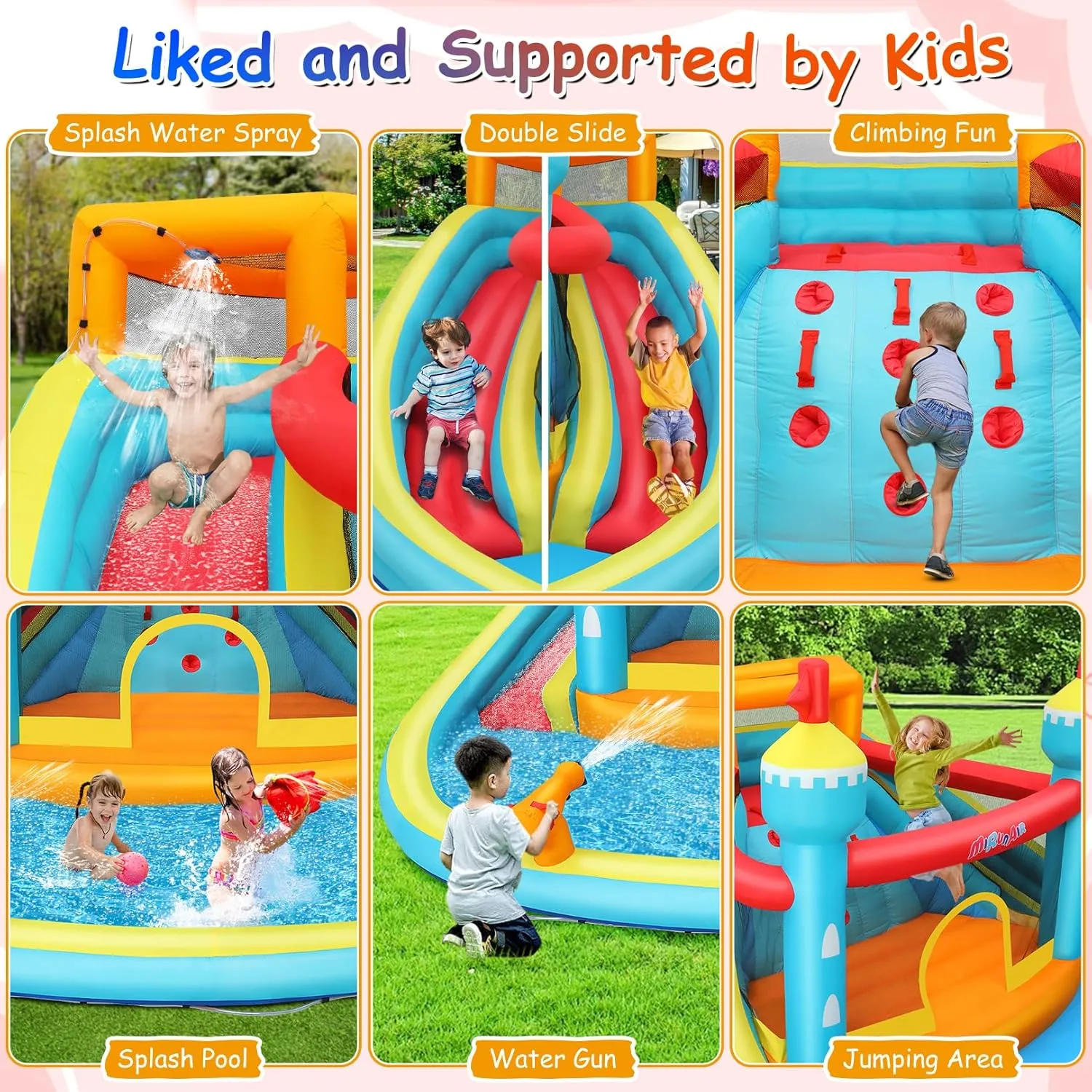 Inflatable Water Slide Bounce House for Kids 3-12, 9 in 1 Inflatable Water Park with Blower, Jump Area, Pool, Water Cannon, Climbing Wall, Blow Up Water Slides for Backyard Outdoor Party Gift