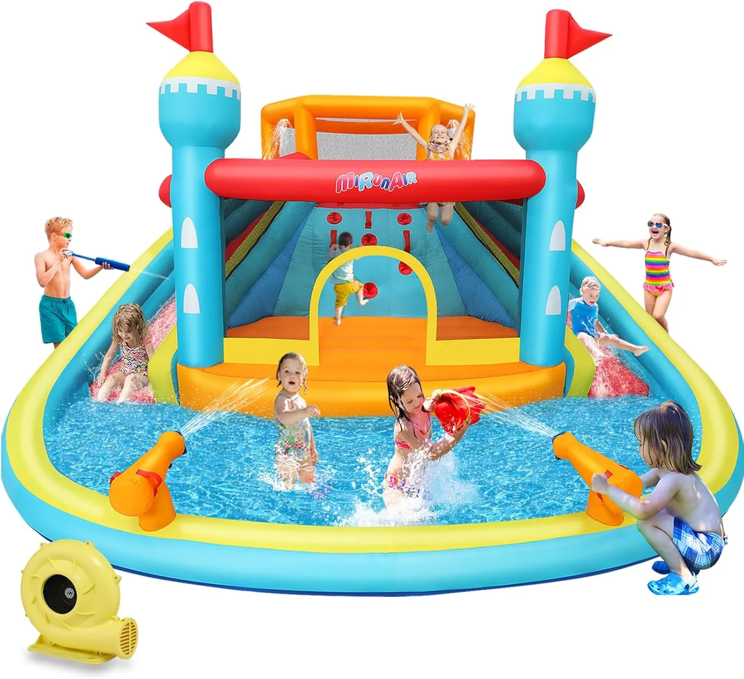 Inflatable Water Slide Bounce House for Kids 3-12, 9 in 1 Inflatable Water Park with Blower, Jump Area, Pool, Water Cannon, Climbing Wall, Blow Up Water Slides for Backyard Outdoor Party Gift