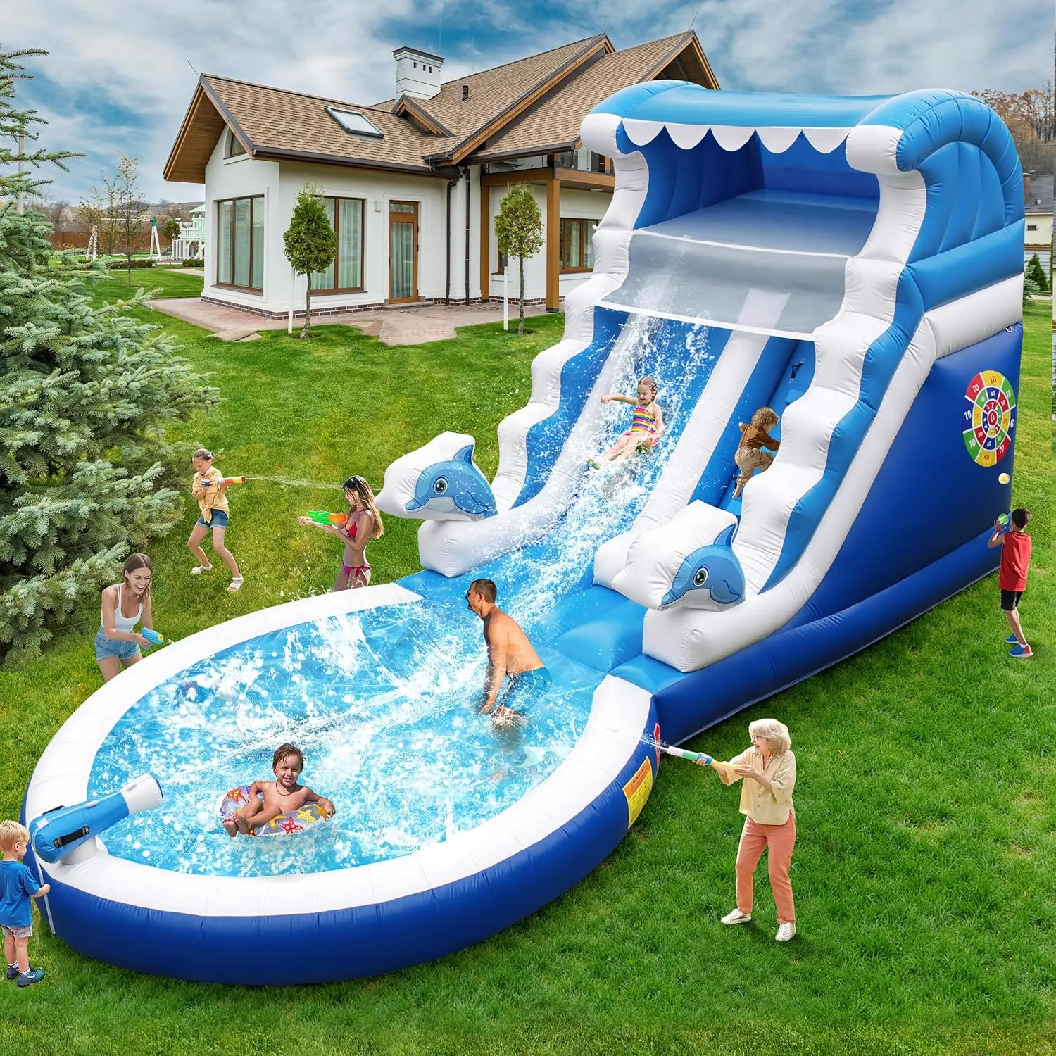 Inflatable Water Slide Commercial Grade: 24FT(L) Water Bounce House for Adults and Kids - Big Pool, Premium PVC, Dolphin Style, Wet & Dry, 950W Blower - for Backyard Outdoor Birthday Party
