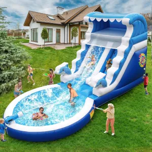 Inflatable Water Slide Commercial Grade: 24FT(L) Water Bounce House for Adults and Kids - Big Pool, Premium PVC, Dolphin Style, Wet & Dry, 950W Blower - for Backyard Outdoor Birthday Party
