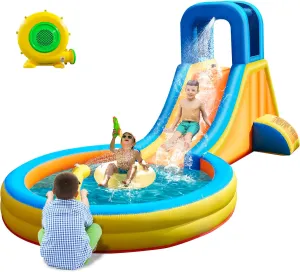 Inflatable Water Slide for Kids with Blower – Backyard Splash Pool & Climbing Wall – Durable Outdoor Bounce House for Toddlers & Children – Quick Setup, Safe Summer Water Fun