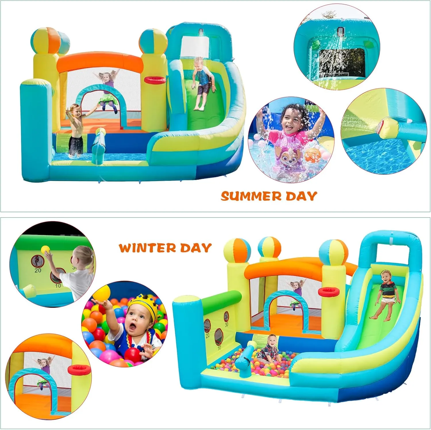 Inflatable Water Slide Park with Splash Pool for Kids,Climbing Wall,Bounce House with Ball Shooting,Kids Bouncy Castle with Air Blower for Outdoor Backyard