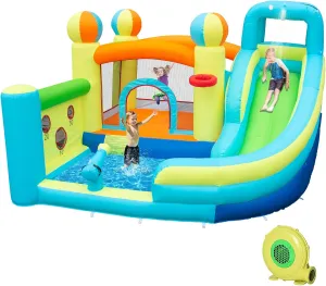 Inflatable Water Slide Park with Splash Pool for Kids,Climbing Wall,Bounce House with Ball Shooting,Kids Bouncy Castle with Air Blower for Outdoor Backyard