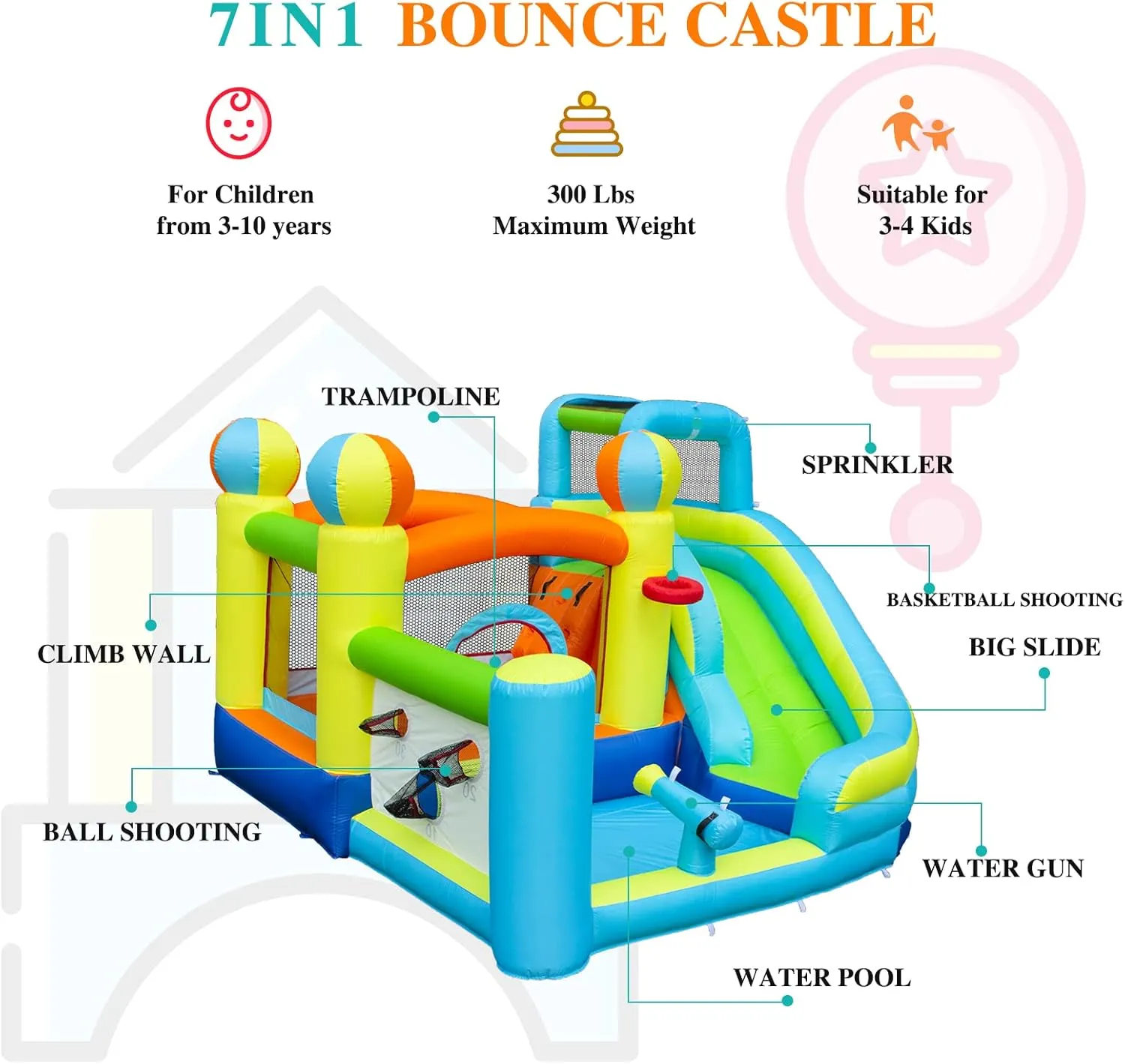 Inflatable Water Slide Park with Splash Pool for Kids,Climbing Wall,Bounce House with Ball Shooting,Kids Bouncy Castle with Air Blower for Outdoor Backyard