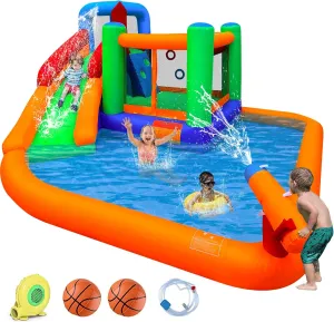 Inflatable Water Slide Spin Combo Jumper Bounce House with Large Slide, Bounce Area, Climbing Wall, Splash Pool, Water Cannon, Basketball Rim, Blower for Backyard Party