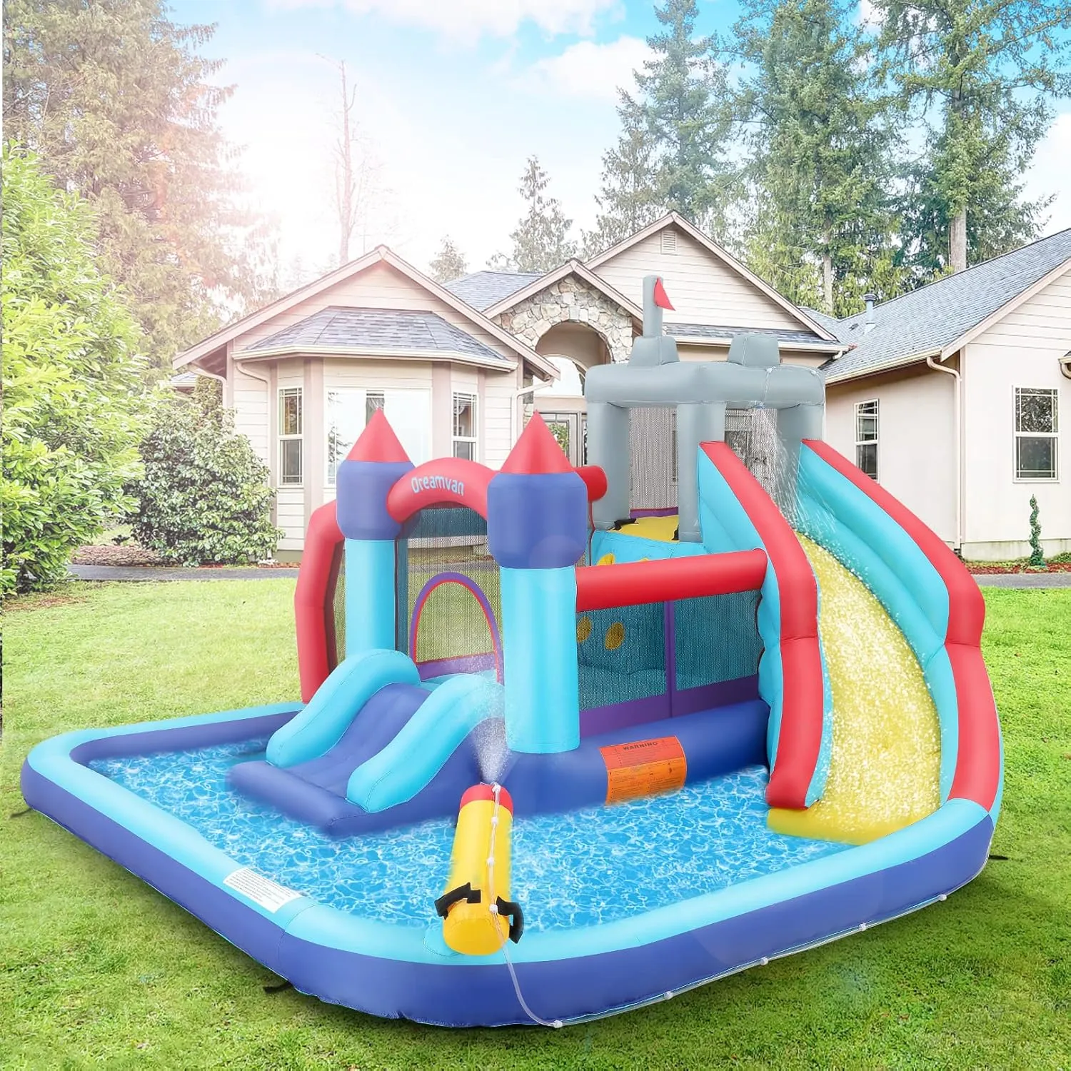 Inflatable Water Slides Park, Inflatable Bounce House Water Slides for Kids - Climbing Wall, 2 Slides, Splash & Trampoline Area – Easy to Set Up & Inflate with 580 W Blower