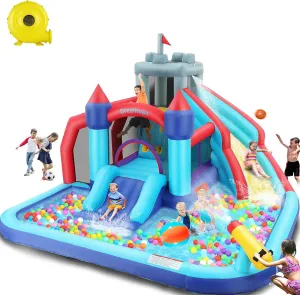 Inflatable Water Slides Park, Inflatable Bounce House Water Slides for Kids - Climbing Wall, 2 Slides, Splash & Trampoline Area – Easy to Set Up & Inflate with 580 W Blower