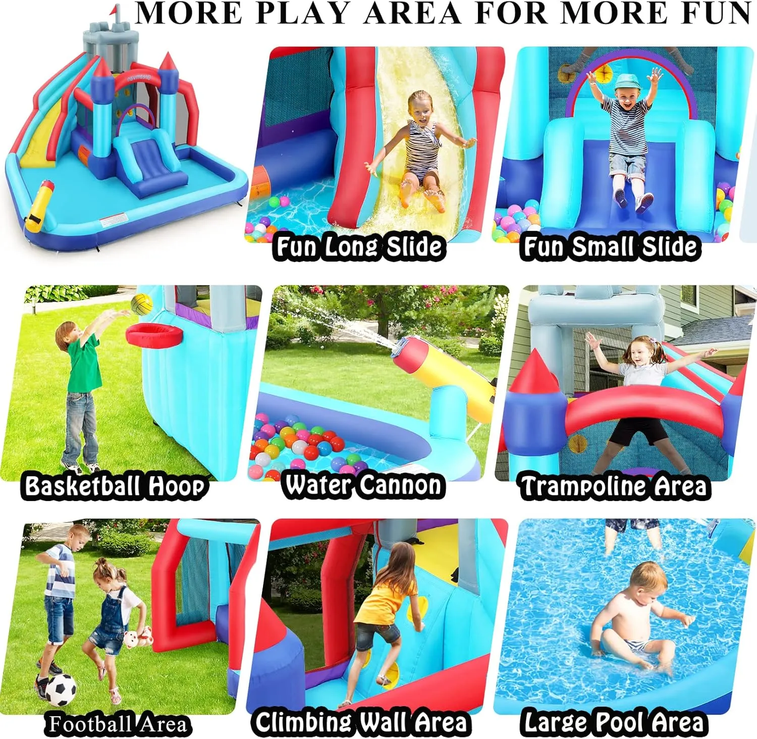 Inflatable Water Slides Park, Inflatable Bounce House Water Slides for Kids - Climbing Wall, 2 Slides, Splash & Trampoline Area – Easy to Set Up & Inflate with 580 W Blower